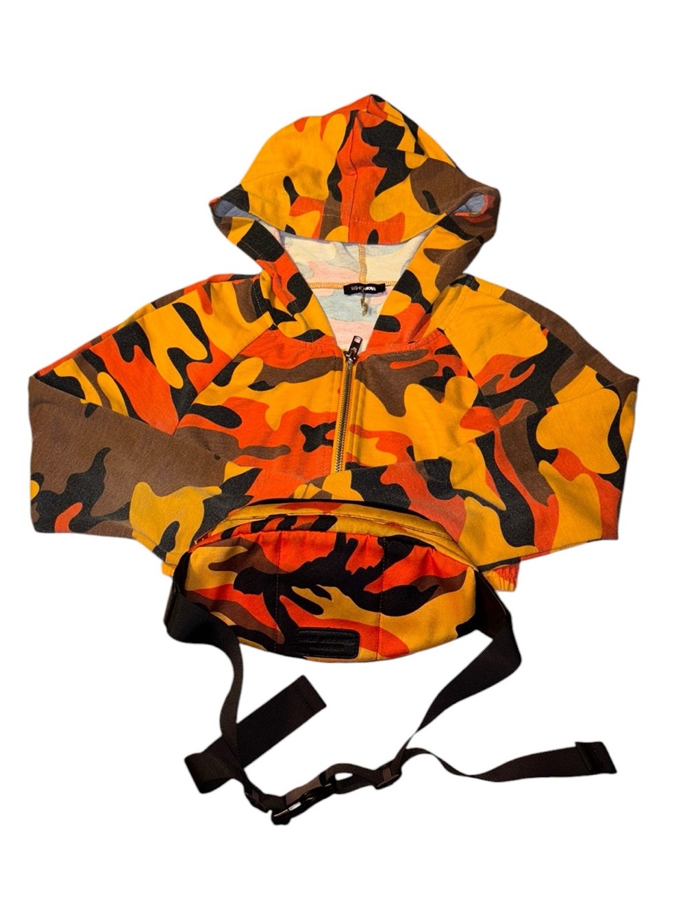 Fashion Nova Camouflage Satchel - Orange, Yellow, Black with matching Crop Top